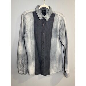 Mens‎ Guess Slim Fit Washed Denim Button Up Shirt Gray Black Color Block Size M